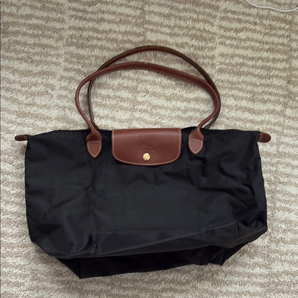Longchamp Le Pliage Medium Black and Tan Tote